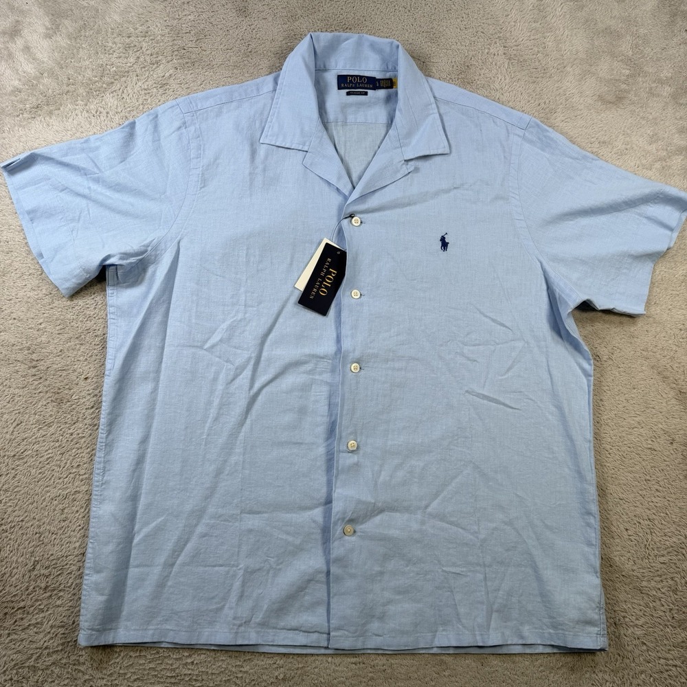 Polo Ralph Lauren Shirt Mens Large Blue Linen Blend Button Up Loop Collar Camp